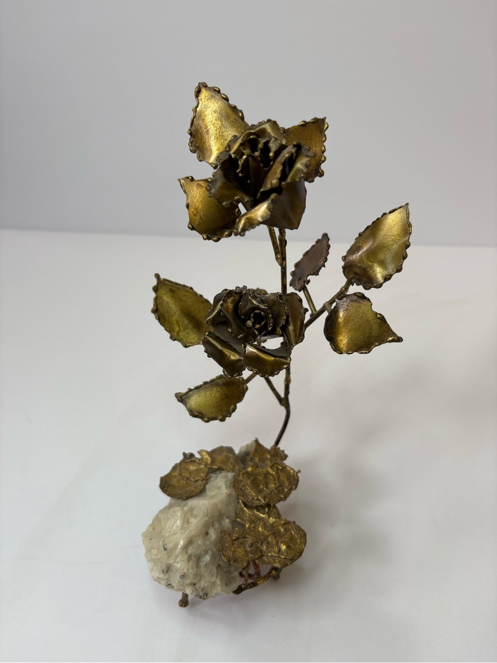 Cathy Callihan Metal Brass Roses on Rock Folk Art Bud Sculpture VNTG Brutalism